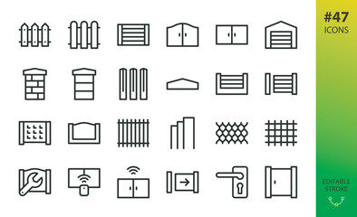 Fence and gates isolated icons set. Set of fence panel, garage with automatic sliding gate, swing gates, post cap, rabitz mesh, concrete fence posts, wire fencing materials vector icon.