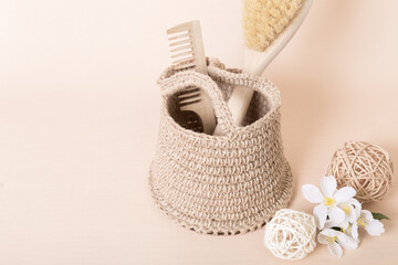 Hobbies and creativity, jute crochet. Knitted basket organizer handmade from natural jute thread for storing things, for cosmetics and personal accessories, interior decor and home space organization