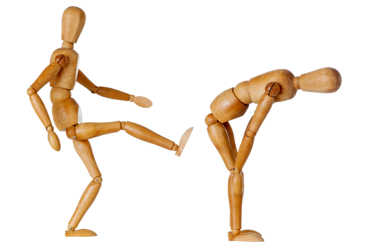 Kicking butt. One wooden artist's mannequin kicking another, isolated on transparent background - Powered by Adobe