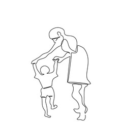Backside of Mum and child walking  together.Toddler holding his mother hand in single line drawing style.Vector isolate flat continue line design concept of family or Happy Mother’s Day celebration.