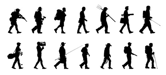 Fototapeta na wymiar Set of silhouette. Black people on white background. Profile walking men. Vector illustration