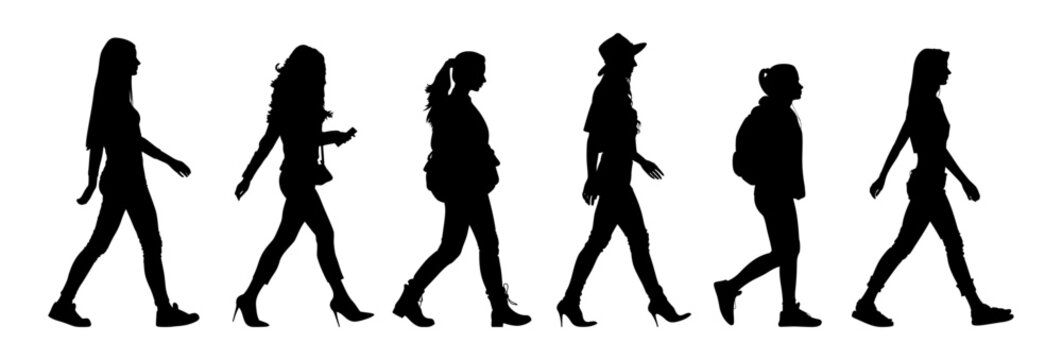Set of silhouette. Black people on white background. Profile walking girls. Vector illustration