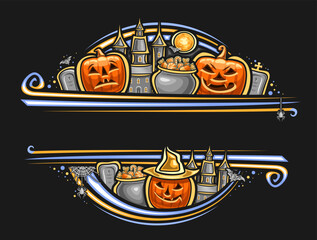 Vector border for Halloween with blank copyspace for text, decorative greeting card with illustration of eerie halloween jack-o-lantern in hat and cartoon gothic tombs in graveyard on dark background