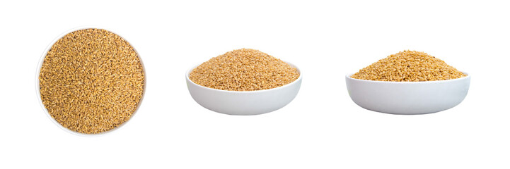 Dry Wheat  in a white lbowl Isolated wheat on white background . Image of wheat cereal grains. Agricultural food concept background. Pile of ripe wheat grains after harvested. 