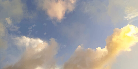 Blue skies with white clouds background. Romantic sky. Abstract nature background of romantic summer blue sky with fluffy clouds. Beautiful puffy clouds in bright blue sky in day sunlight.><