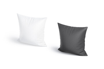 Fototapeta na wymiar Blank white and black square pillow mockup stand, side view