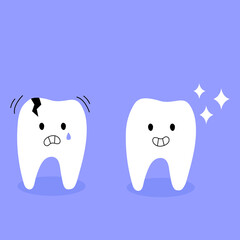 Childrens caries. Childrens dental Clinic illustration. Cute teeth vector illustration. Childrens caries illustration. Healthy and Sick Tooth