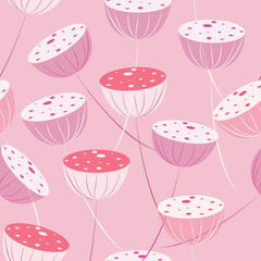 Simple vector drawing of pink umbrellas. Seamless pattern in delicate colors.