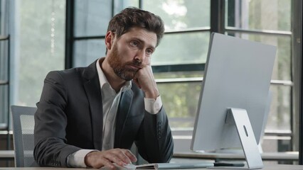 Tired lazy napping yawn adult bearded man male manager worker bored at work project online in computer in office Caucasian mature ill businessman need energy asleep feel overworked exhaustion syndrome - Powered by Adobe