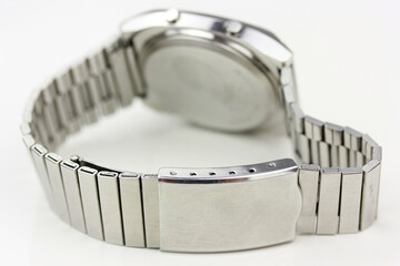 backside of a digital watch silver vintage retro wristwatch 70s 80s isolated alarm multifunctional...
