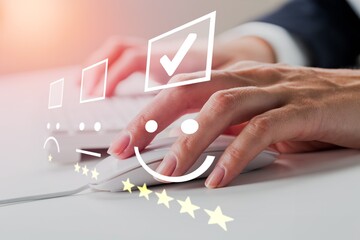 User give rating to service experience on online application, Customer review satisfaction feedback concept,