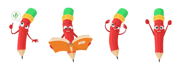 Cute clever pencil character isolated vector set