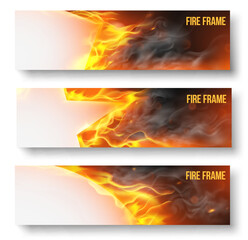 illustration of set of fire flame banner. Burning paper banners with fire flames, vector horizontal pages, conflagrant cards template for advertising, Realistic 3d flaming frames. Isolated white