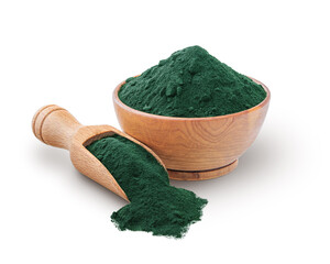 Wooden scoop and bowl full of spirulina powder isolated on white - 523561251