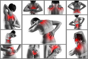 All kinds of female body pain, woman with joint pain isolated on white background, collage of...