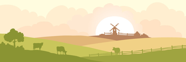 Abstract rural landscape with cows and mill. Vector illustration, fields, meadows, pastures.  © imagination13