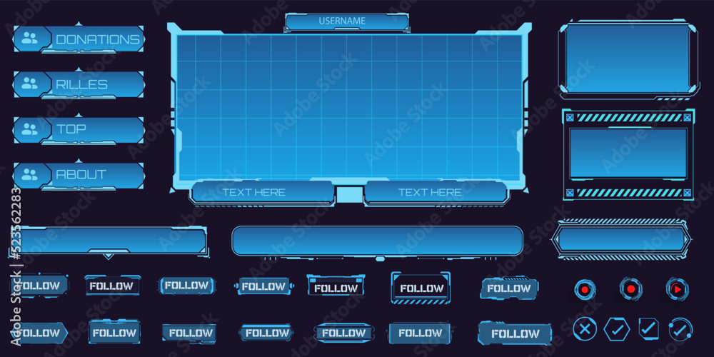 Fototapete game live stream panels, overlay frames and buttons in futuristic style. live broadcast dashboard co