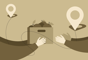 Box of fresh foods giving from hand to hand