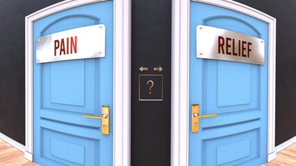 Pain or Relief - a choice. Two options to choose from represented by doors leading to different outcomes. Symbolizes decision to pick up either Pain or Relief.,3d illustration