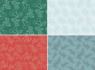 Seamless patterns with different berries. Nature textures in outline style.