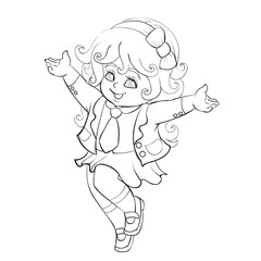 sketch, a cute girl with a bow in her hair and in a school uniform dances joyfully, coloring book, cartoon illustration, isolated object on a white background, vector,