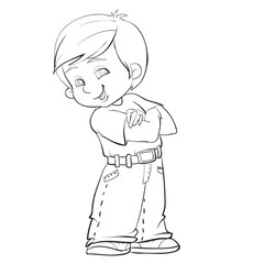 sketch, cute boy folded his arms on his chest, coloring book, cartoon illustration, isolated object on a white background, vector,