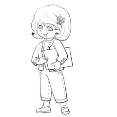 sketch, cute girl with a flower in her hair and with a book under her arm, coloring book, cartoon illustration, isolated object on a white background, vector,