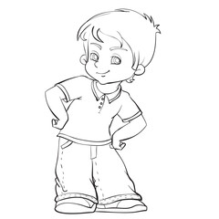 sketch, cute boy in pants and t-shirt, coloring book, cartoon illustration, isolated object on white background, vector,