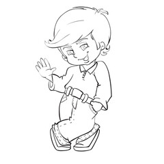 sketch, cute boy playfully waving his hand, coloring book, cartoon illustration, isolated object on white background, vector,