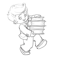 sketch, cute boy carries a big stack of books, coloring book, cartoon illustration, isolated object on a white background, vector,