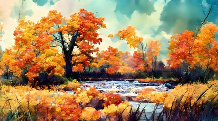 Fototapeta na wymiar Watercolour painting Nature landscape in Autumn Rura 