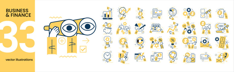Concept illustration set. Collection of business and finance scenes and situations. Human hands with icons and images. Financial analysis concept, business and marketing, work with data and financial - obrazy, fototapety, plakaty