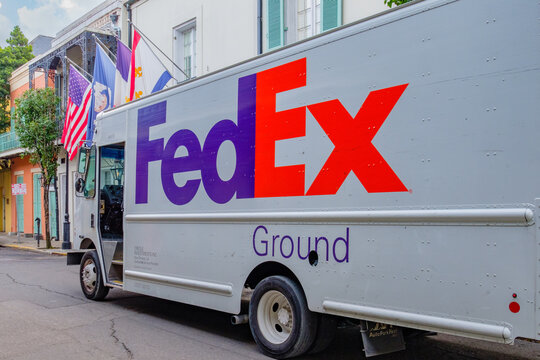 Side View of FedEx van on Chartres Street in the French Quarter on August 14, 2022 in New Orleans, LA, USA
