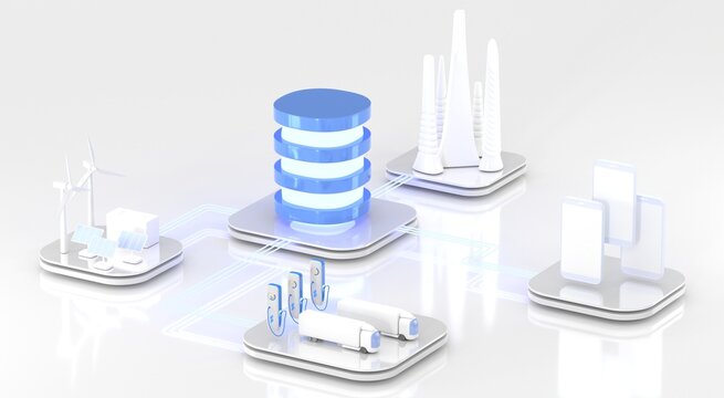 Api application programming interface isometric landing page, 3d render. Database server for EV charging, smart city, green energy with wind turbines and solar panels, remote control from smartphone