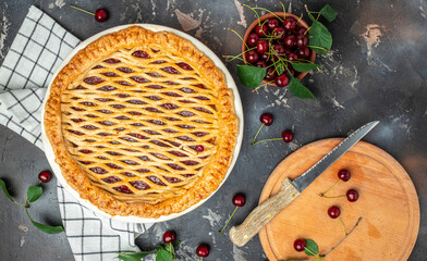 Tasty cherry pie. whole homemade cherry pie, place for text, top view