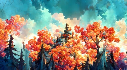 Obraz na płótnie Canvas mountain autumn landscape pine trees near valley and c 