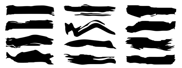 Fototapeta premium Vector collection of artistic grungy black paint hand made creative brush stroke set isolated on banner background. A group of abstract grunge sketches for design education or graphic art decoration