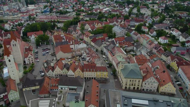  Aerial view of the old town of the city Moosburg in Bavaria, Germany on a sunny morning in summer.