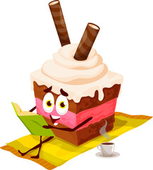 Cartoon cake character reading book, vector bakery