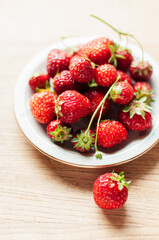 Home-grown, organic garden strawberries freshly harvested on white plate with wooden background in kitchen
