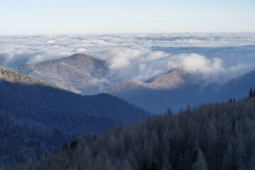 Fototapeta premium Fog revealing Ligurian Alps mountain range, Province of Imperia, Italy