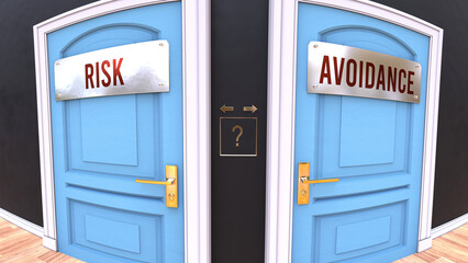 Risk or Avoidance - a choice. Two options to choose from represented by doors leading to different outcomes. Symbolizes decision to pick up either Risk or Avoidance.,3d illustration