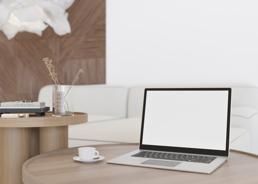 Laptop with blank white screen, on wooden table at home. Computer mock up. Free, copy space for app, game, web site presentation. Empty laptop screen ready for your design. Modern interior. 3D render.
