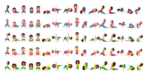 Fototapeta na wymiar A Big set of pretty girls and boys of different nationalities are engaged in yoga. Yoga for children. Vector illustration in a flat style