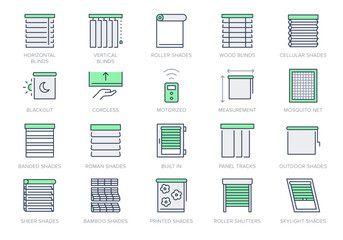 Window blinds line icons. Vector illustration include icon - mosquito net, roller, automatic motorized rolls, measuring, solar outline pictogram for jalousie. Green Color, Editable Stroke