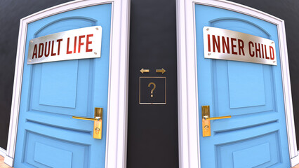 Adult life or Inner child - a choice. Two options to choose from represented by doors leading to different outcomes. Symbolizes decision to pick up either Adult life or Inner child.,3d illustration