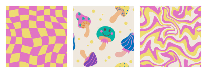 1970 Mushroom, Trippy Grid, Wavy Swirl Seamless Pattern Set in Yellow, Pink Colors. Hand-Drawn Vector Illustration. Seventies Style, Groovy Background, Wallpaper. Flat Design, Hippie Aesthetic.