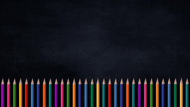 Welcome back to school Background. A set of colored pencils on a black chalkboard background. Children's animation for education advertising or business concept. Retractable pencils