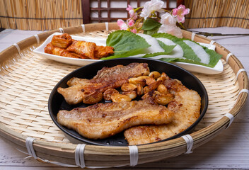 Korean food pork belly and kimchi