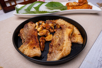 Korean food pork belly and kimchi